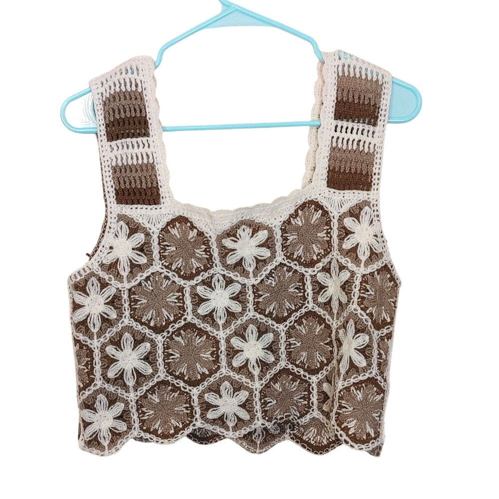Crochet Floral  Tank Top - Brown & Cream